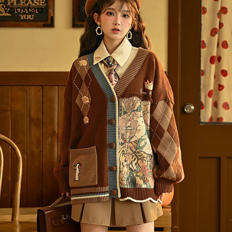 Kawaii Cartoon broderie cardigan laine femme rétro jk veste pull uniforme automne fille lâche y2k tricot top daide de mujer 240926