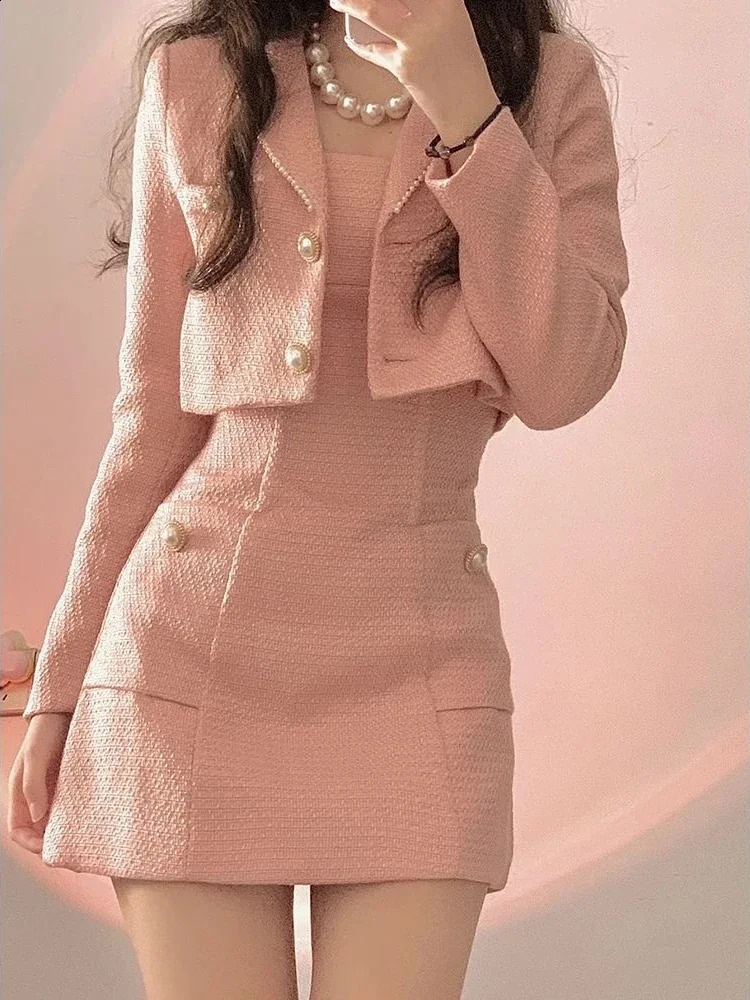 Autumn Pink Elegant Two Piece Set Femmes Coréen Style Balzer CoatStrap Mini robe femelle solide décontractée Slim 2024 240926