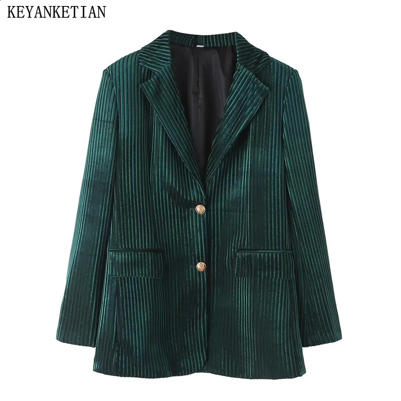 KEYANKETIAN Winter Womens Retro Velvet Stripe Set Jacket Office Womens Flip Pocket Single Chest Deep Green Jacket Top 240926