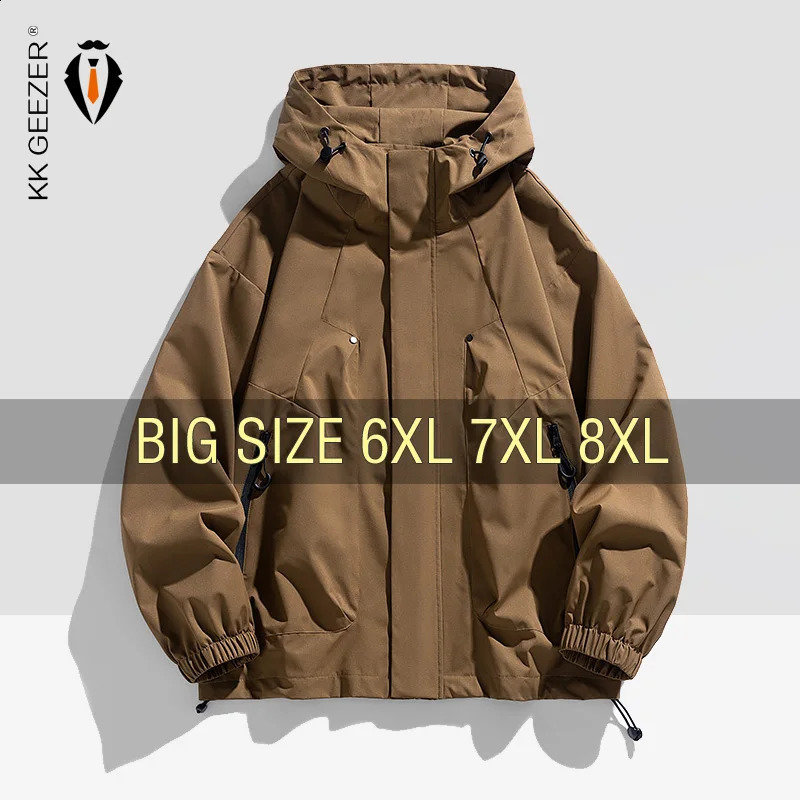Mens Jacket Hooded Windproof Trench Coat Size 6XL 7XL 8XL Plus Waterproof Black Camping Bomber Loose Thin Soft Shell 240926