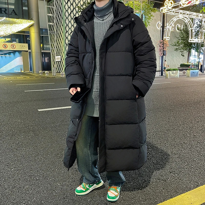 winter mens long hooded duck down jacket outerwear solid color thick warm down jacket loose windproof down jacket 240926