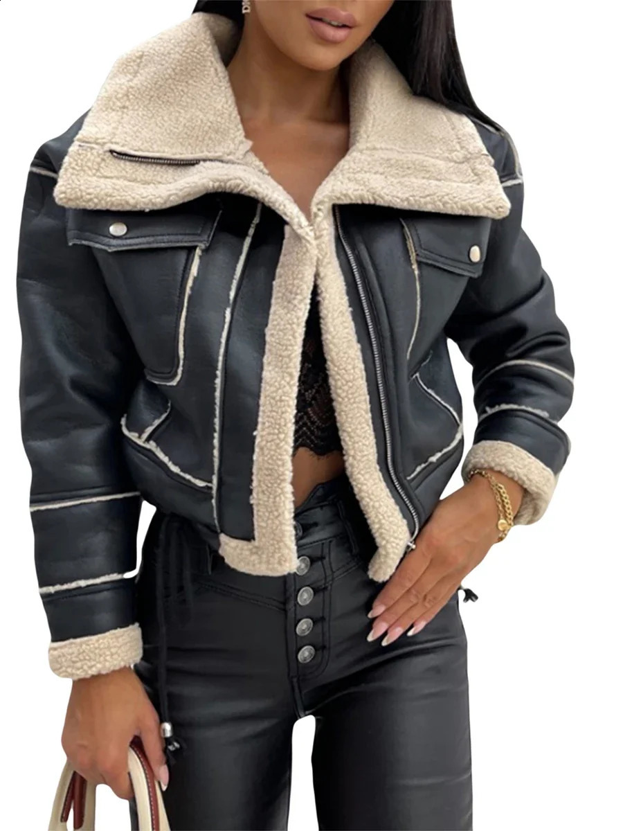 Womens faux fur leather jacket fur collar open front zipper casual short Parka jacket autumn and winter warm jacket with pockets 240923