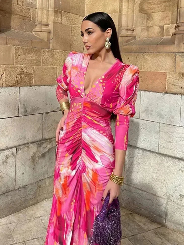 Élégant robe midi à col en V imprimé pour les femmes Hip Sac Split Style Robe Summer Fashion Fashion Party Club Robe 240926