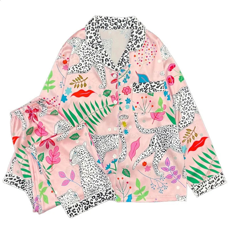 Europe America Money Leopard Sleepwear Spring Summer Pajama Sets Long Sleeves Shorts Splicing Lapel Advanced Sense Pijamas 240929