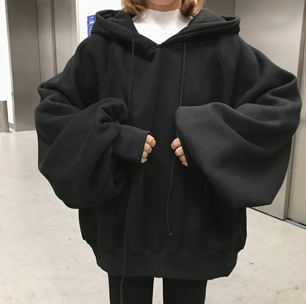 Solid Color Black Oversize Sweatshirts Womens Large Loose Hooded Pullover Sweater Warm High Quality Sportswear Sudaderas 240926