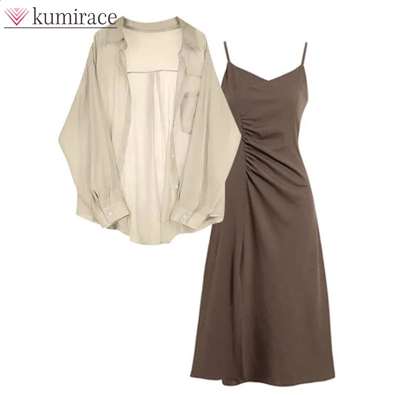 Été pour les femmes en 2024 tenue surdimensionnée à la mode avec une chemise de mousseline de crème solaire robe twopiece 240926