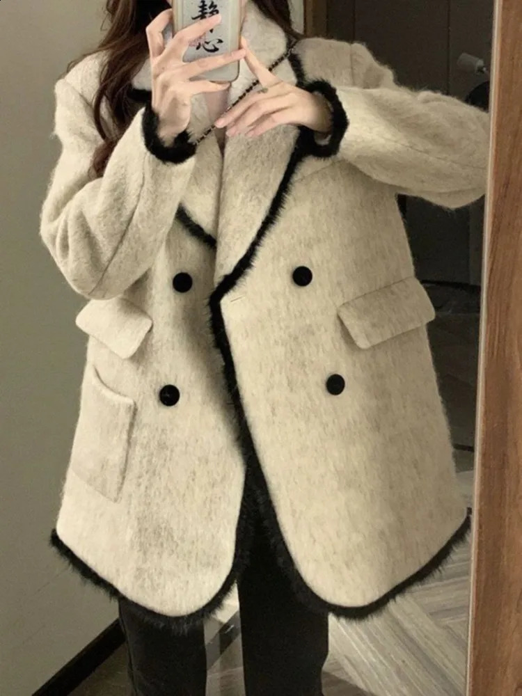UNXX Coats Wool Coat Casual Korean Street Clothing Button Up Womens Loose Fit Elegant Soft Fashion Full Match 240926