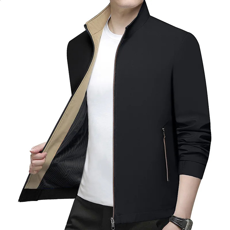 Spring and autumn mens business casual jacket high-quality middle-aged and elderly mens standing collar slim fit executive jacket thin jacket 4X