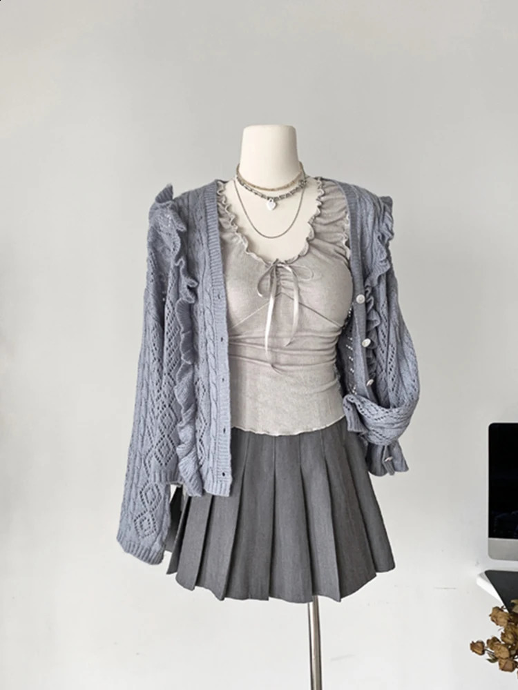 High quality fashion 2-piece womens office womens V-neck long sleeved knitted cardiganGyaru Kawaii vest Y2K autumn and winter 240926