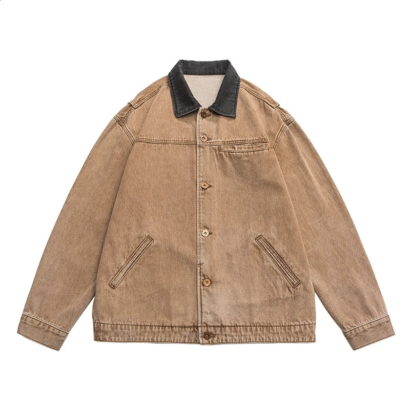 Autumn mens pocket denim jacket retro street fashion lapel splicing brown casual jacket Japanese street clothing mens 4XL 5XL 240926