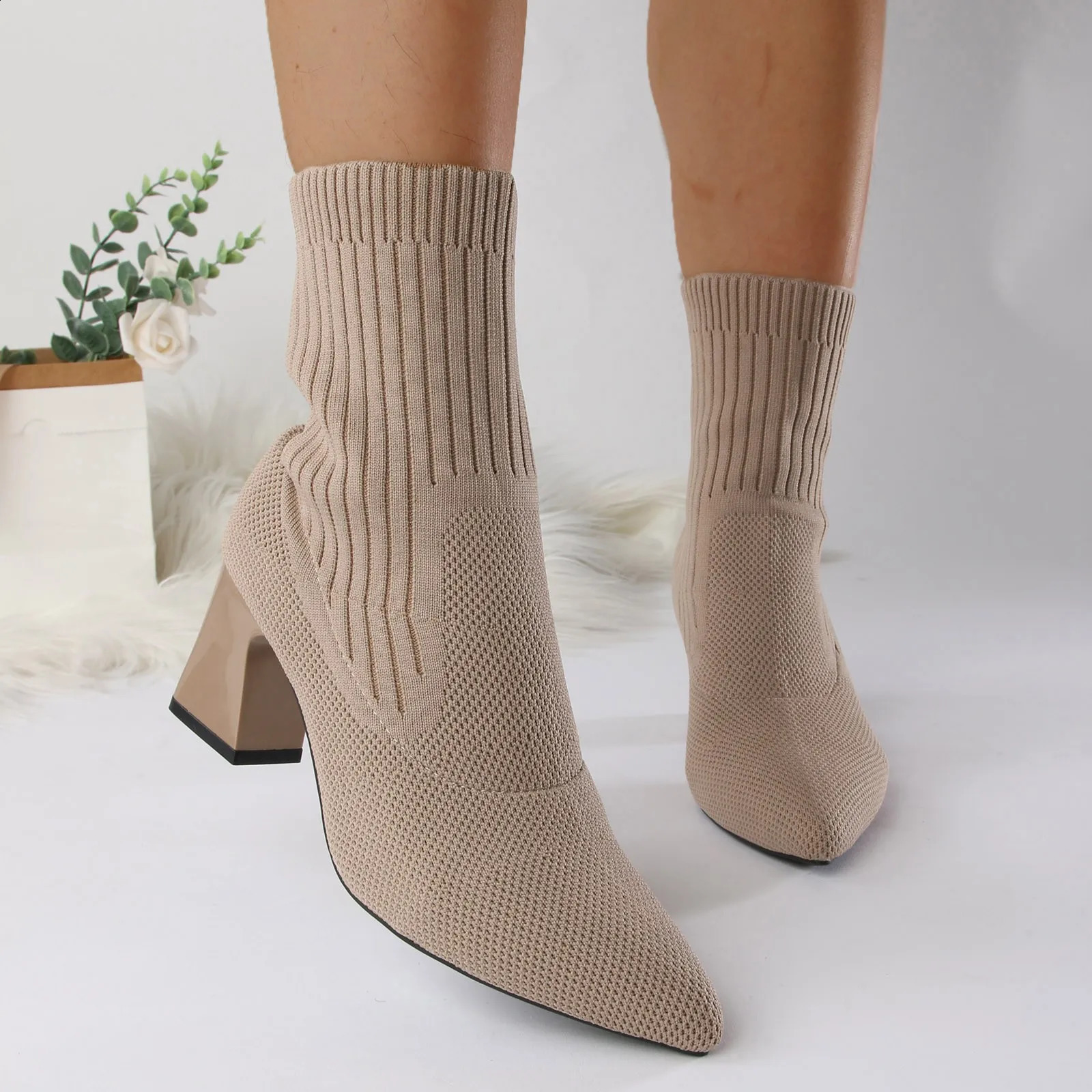 autumn winter boots Pointed Toe thick boots high boots knitted elastic sock boots womens rain boots Botas Mujer 240926