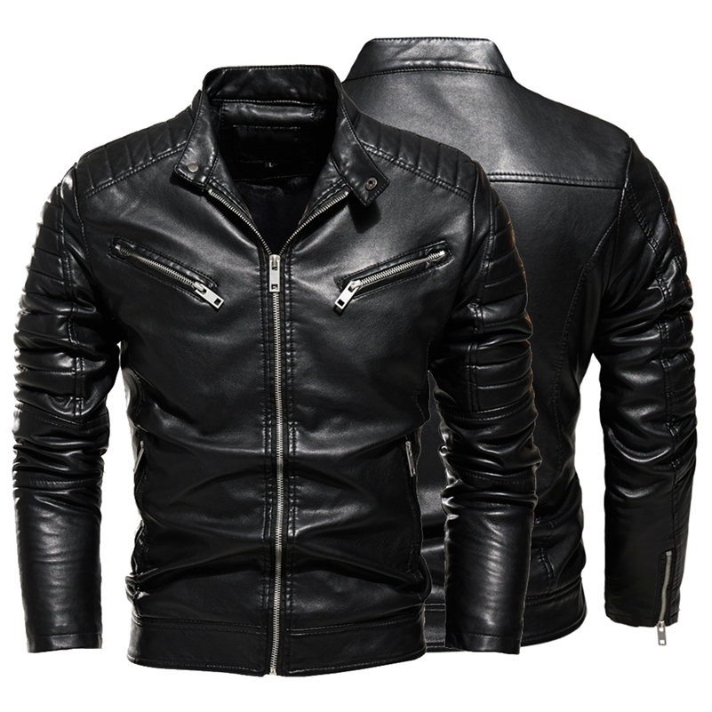 Mens fur lined warm motorcycle jacket ultra-thin street fashion black bicycle jacket with pleated zipper winter black leather jacket 240926CJ