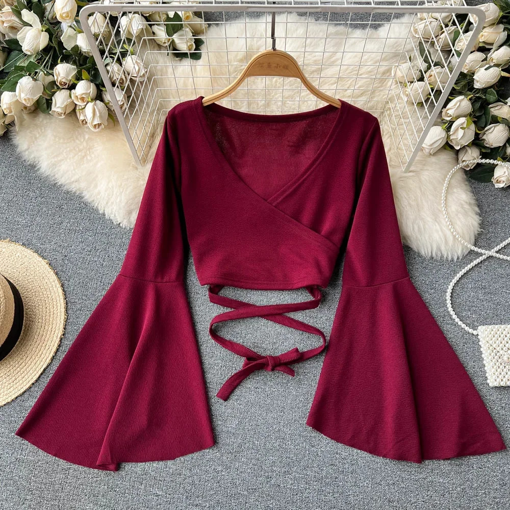 Chic Sexy Flare Long Sleeve T shirt Elegant Criss-cross Bandage Crop Top V Neck Vintage Fashion Tees Female Spring Summer Shirt 240925