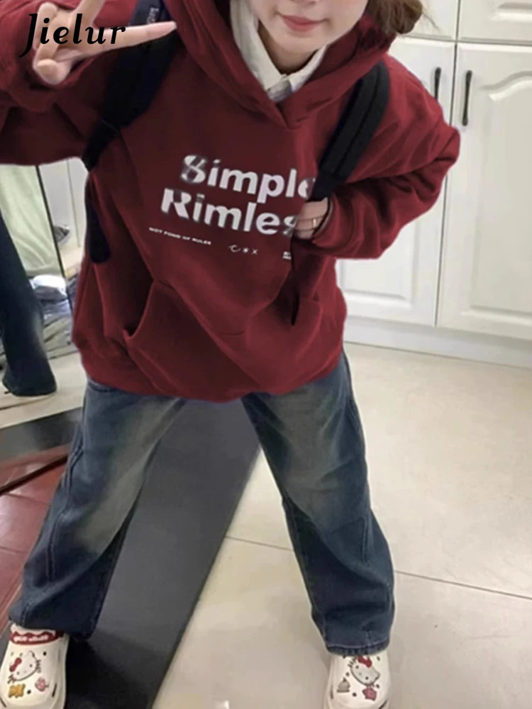 Jielur Wine Red Chic Letter Printed Womens Hoodie Fashion Hoodie Brushed Basic Solid Color Simple Casual Loose Womens Hoodie 240926