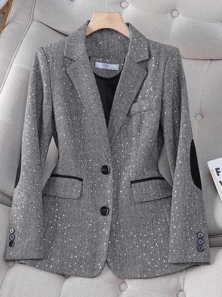 Autumn Retro Grey Splicing Flat Plaid Jacket Womens Brown Elegant Business Retro Womens Set Jacket Fashion Y2k 240926