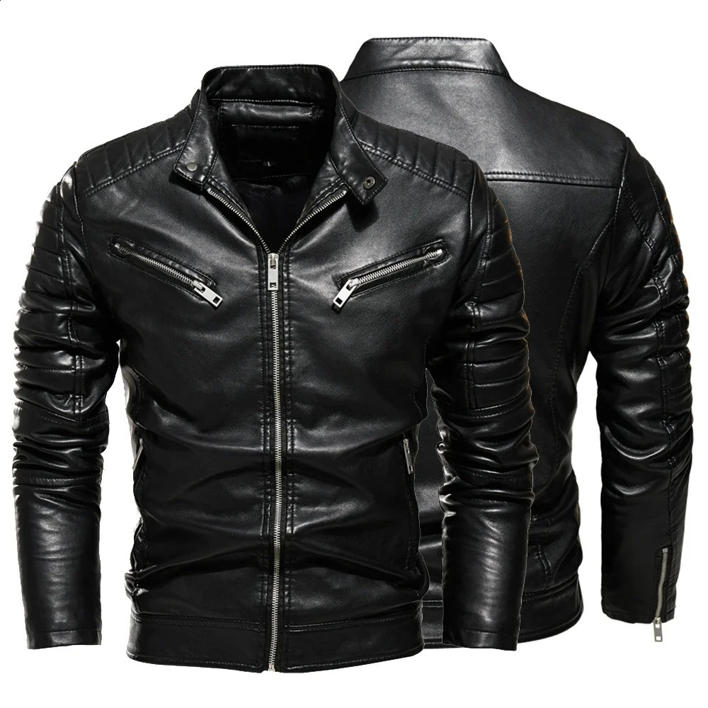 Mens fur lined warm motorcycle jacket ultra-thin street fashion black bicycle jacket with pleated zipper winter black leather jacket 240926