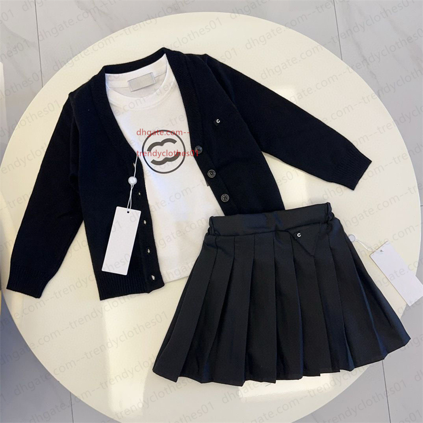Kids girls print letter fashion designer 3pcs sets knit cardigan jumper tops pleated skirts outfits baby gilr black white princess autumn winter