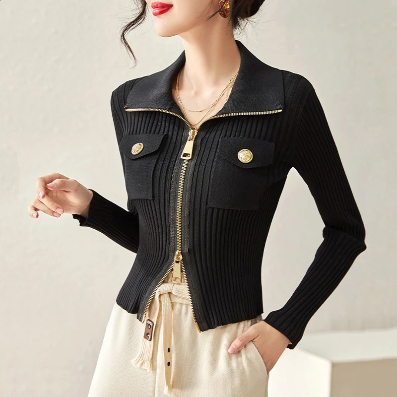 Knitted cardigan jacket Spring womens clothing pull-out womens fashionable casual zipper ultra-thin Korean Y2k top 240926