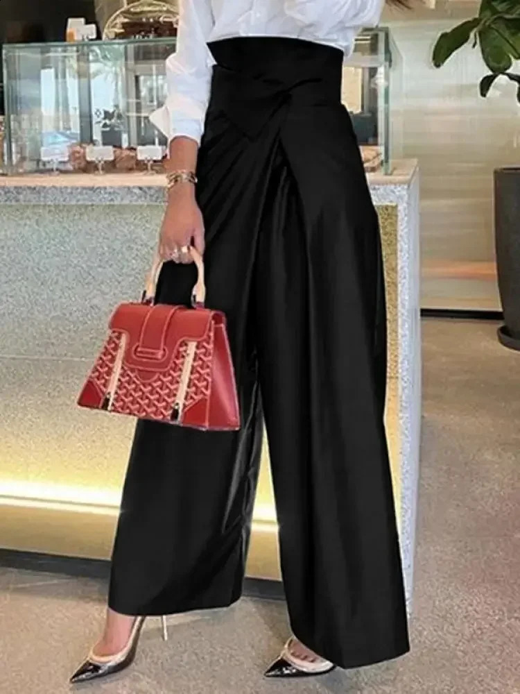 Freeacy Office Womens Formal Pants Solid Black High Waist Wrinkled Straight Pants Loose Tie Waist Full Length Trouser 240923