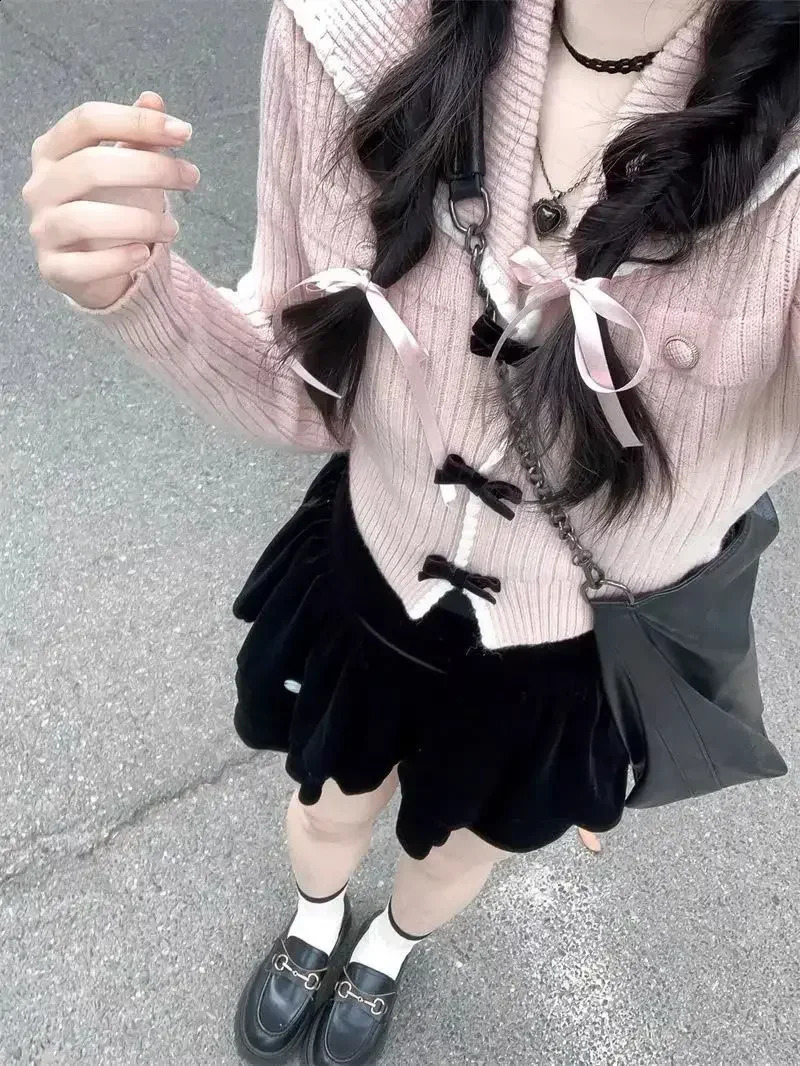 Cardigan rose doux à manches longues Y2k Veste en tricot taille haute tople de style japonais Pull à manches courtes Kawaii Slim Fit Womens Vêtem