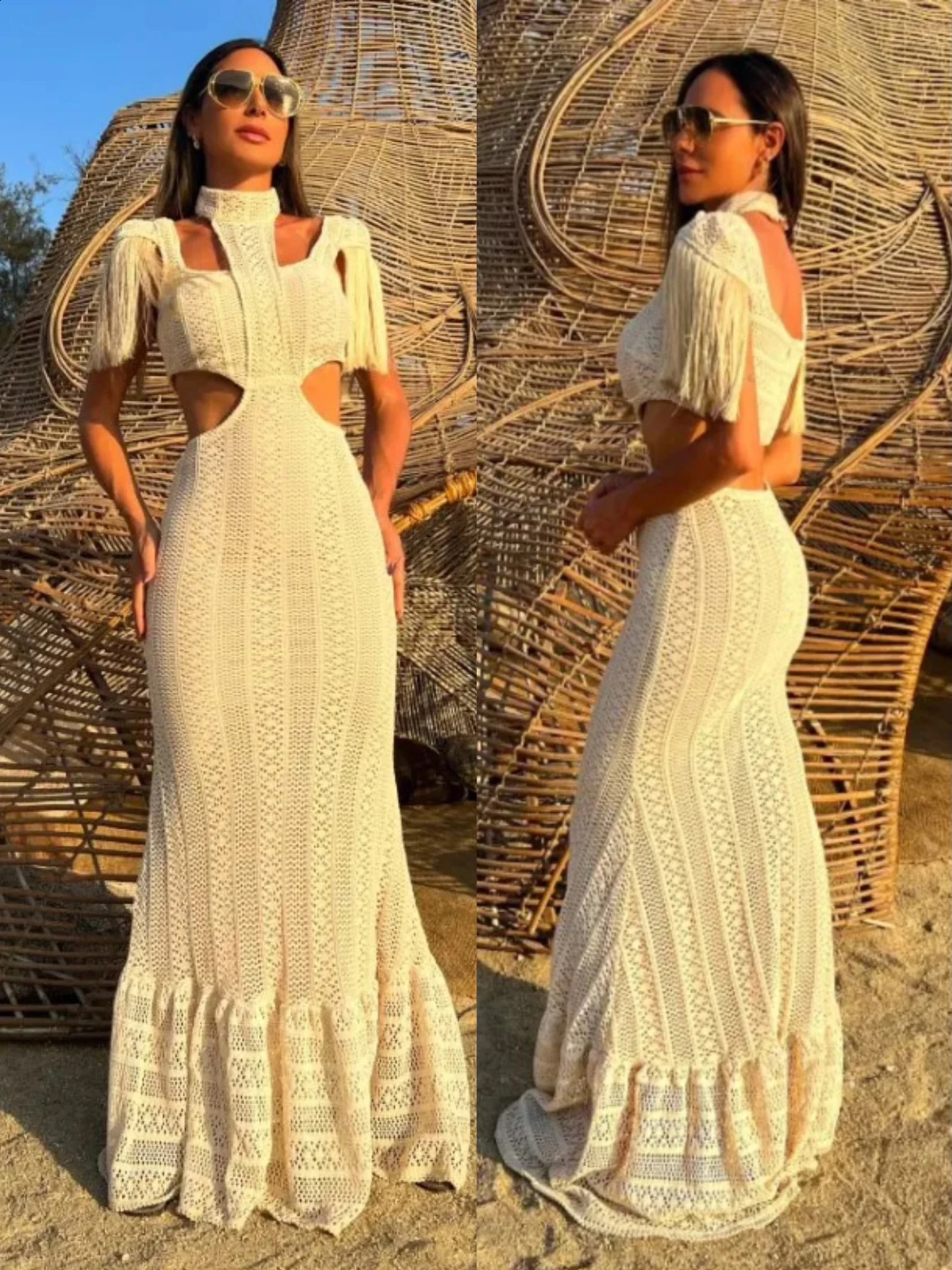 Sexy white lace womens dress with turtle neck tassel sleeves ultra-thin nude waist hollow long sleeves summer beach womens knitted robe 240926