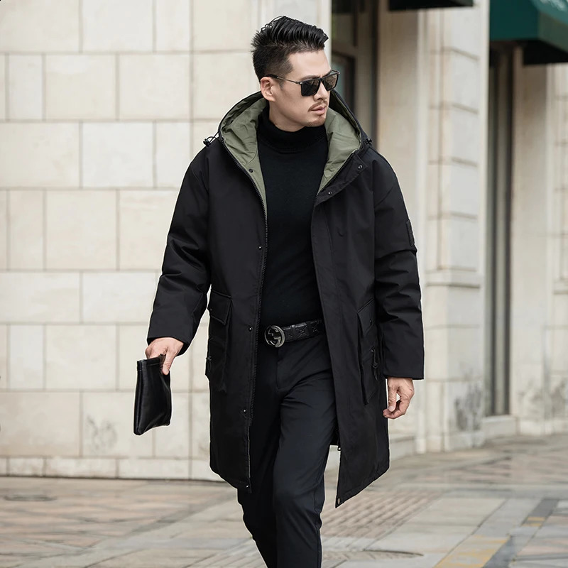 Oversized mens warm hoodie mid white duck down jacket casual winter jacket windproof loose long thick cushioned jacket 240923