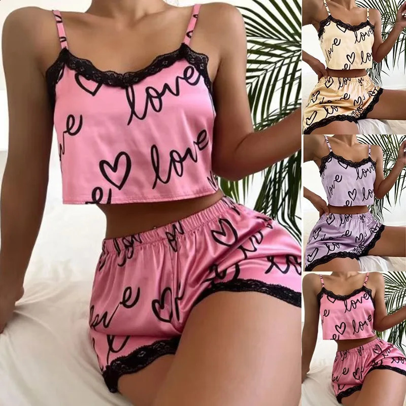 2 Pieces Set WomenS Pajama Shorts Suit Homewear Print Underwear Pijama Sexy Lingerie Camisoles Tanks Nighty Ladies Sleepwear 240929