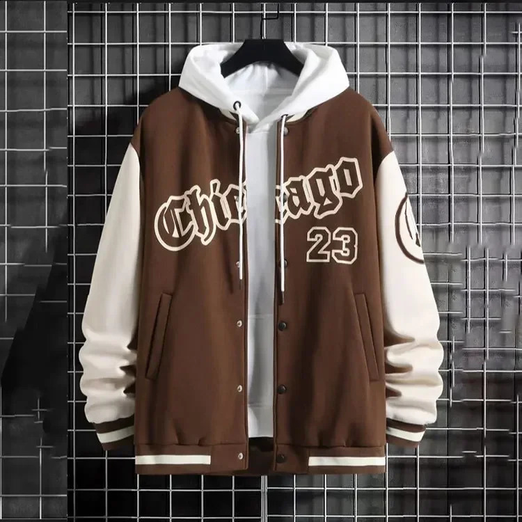 High street youth mens baseball jacket mens loose casual jacket thin wool thermal insulation spring/autumn no hat no hooded sweatshirt 240926