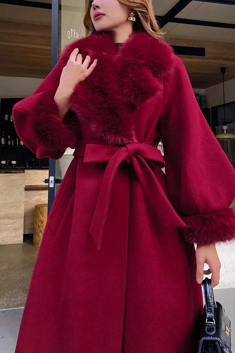 Dabuwawa fur collar double-sided wool long coat womens ly arrived adjustable waist jacket elegant coat Christmas DM1DCO023 240924