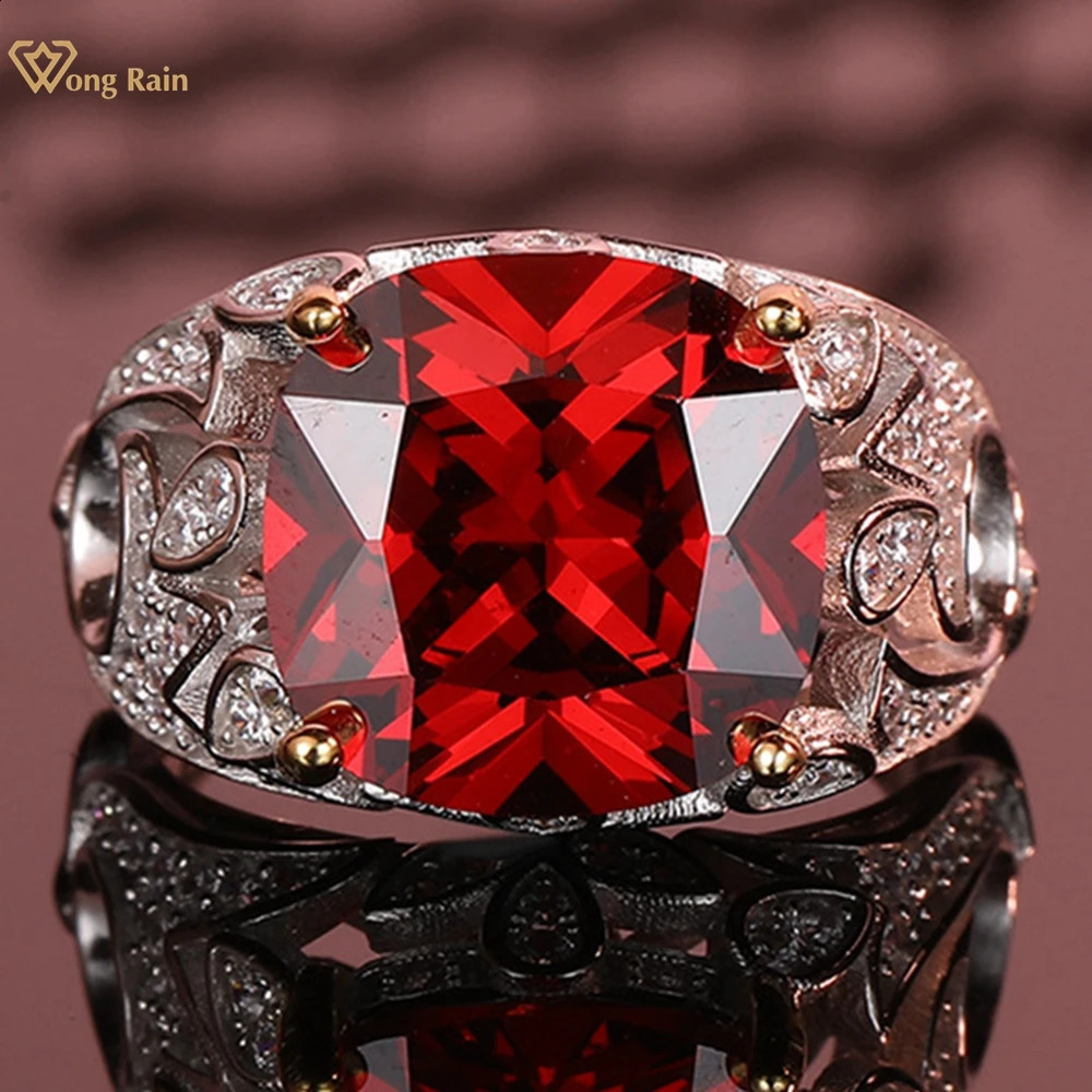 Wong Rain Retro 925 Pure Silver 11MM Ruby High Carbon Diamond Engagement Ring 240924