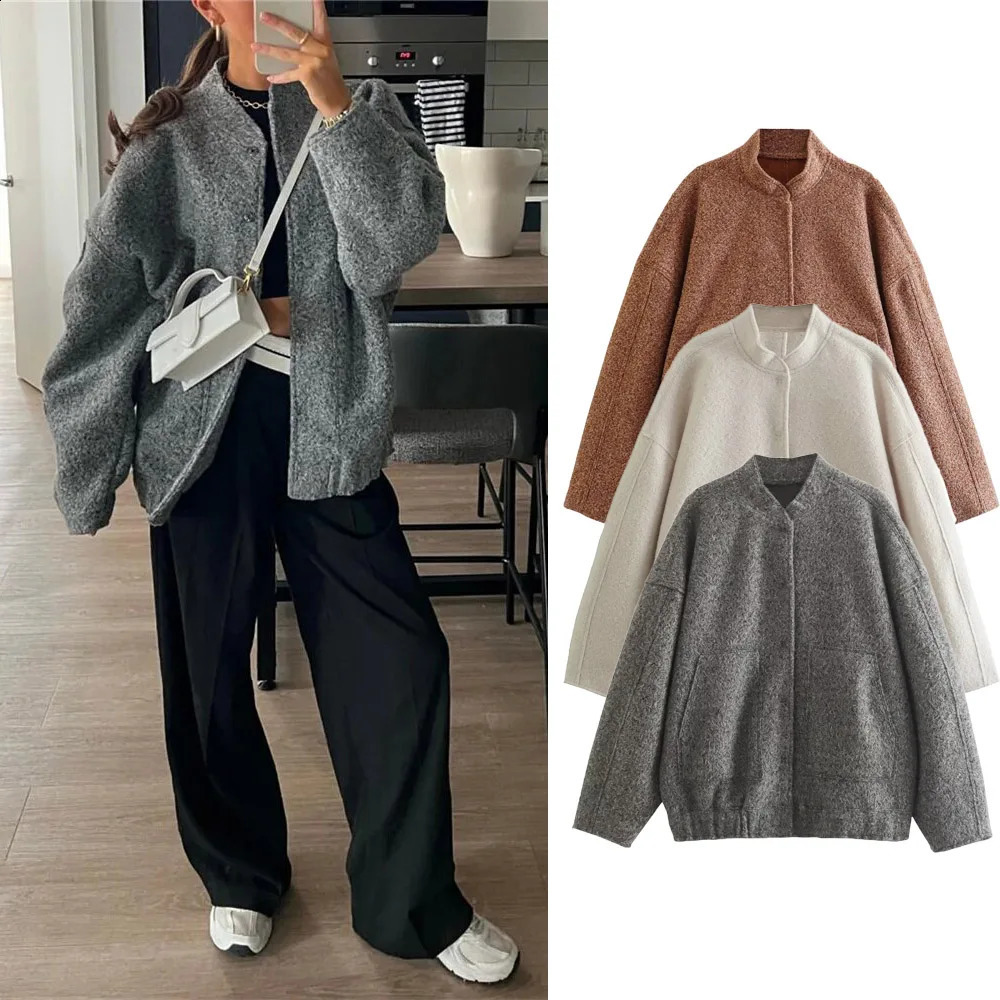 Woman Fashion Loose Gray Warm Baseball Jacket Autumn Casual Oversized Bomber Girls Vintage Thick Outwear 261017