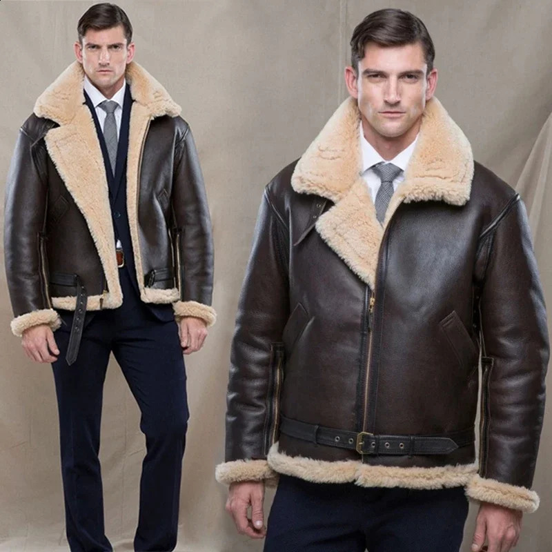 Winter Bomber Leather Jacket Mens Sheep Wool Sheepskin Warm Jacket Parka Pilot Mens Natural Sheepskin Coat 240926