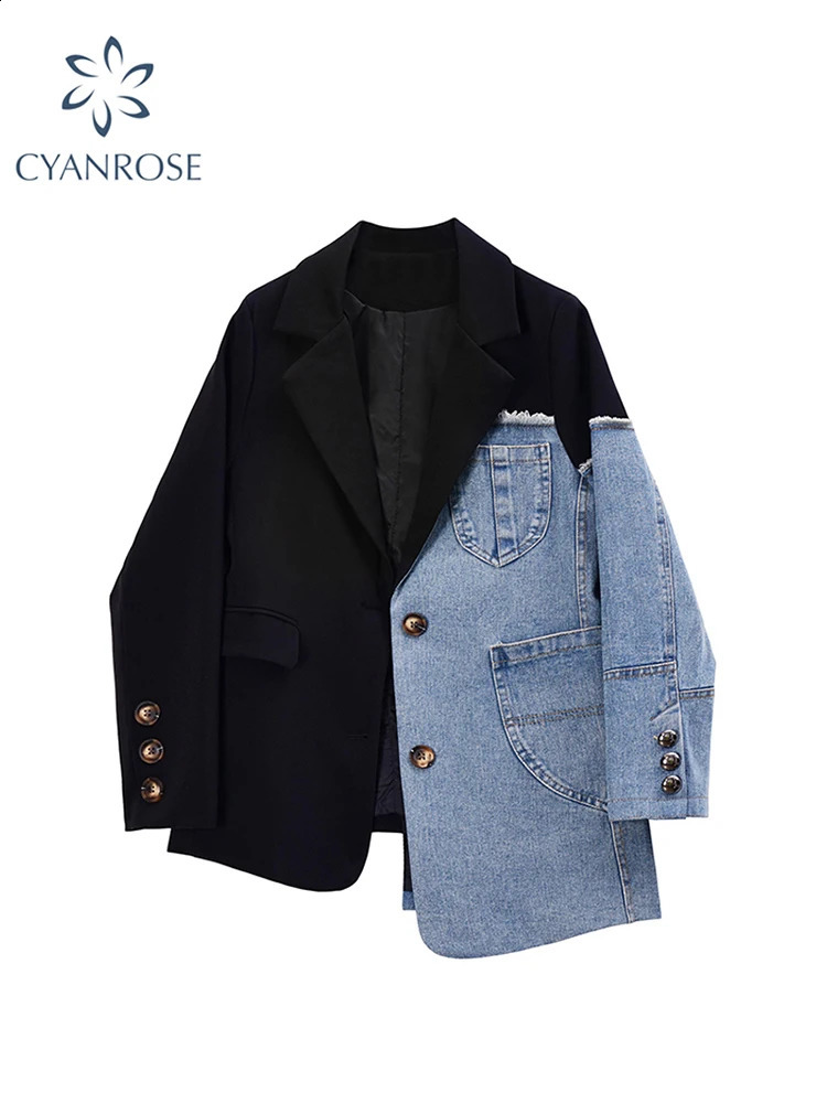Women Vintage Fashion Blazer Denim Patchwork Jackets Autumn Winter Irregular Coat Long Sleeve Loose Korean Outerwear 261017