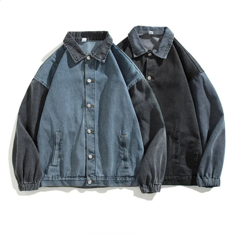 Spliced denim jacket mens loose autumn and winter casual retro jacket denim trend denim jacket long sleeved fashionable jacket 240926