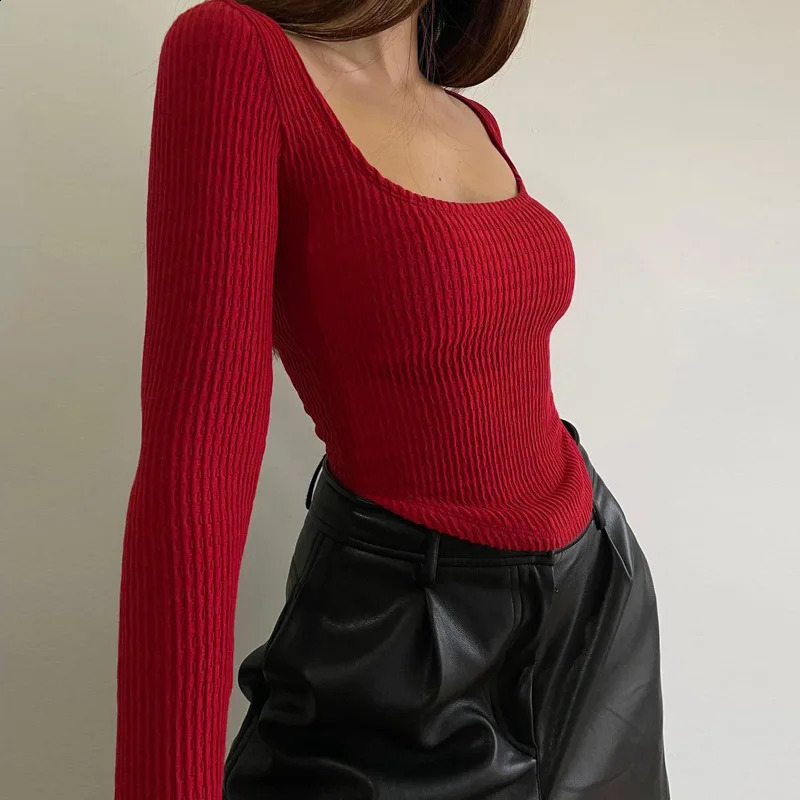 Where Mery Square Neck Long Sleeve Ribbed Knitted T-shirt Womens Autumn and Winter Casual Crop Top Street Clothing Y2K Basic Top 240926
