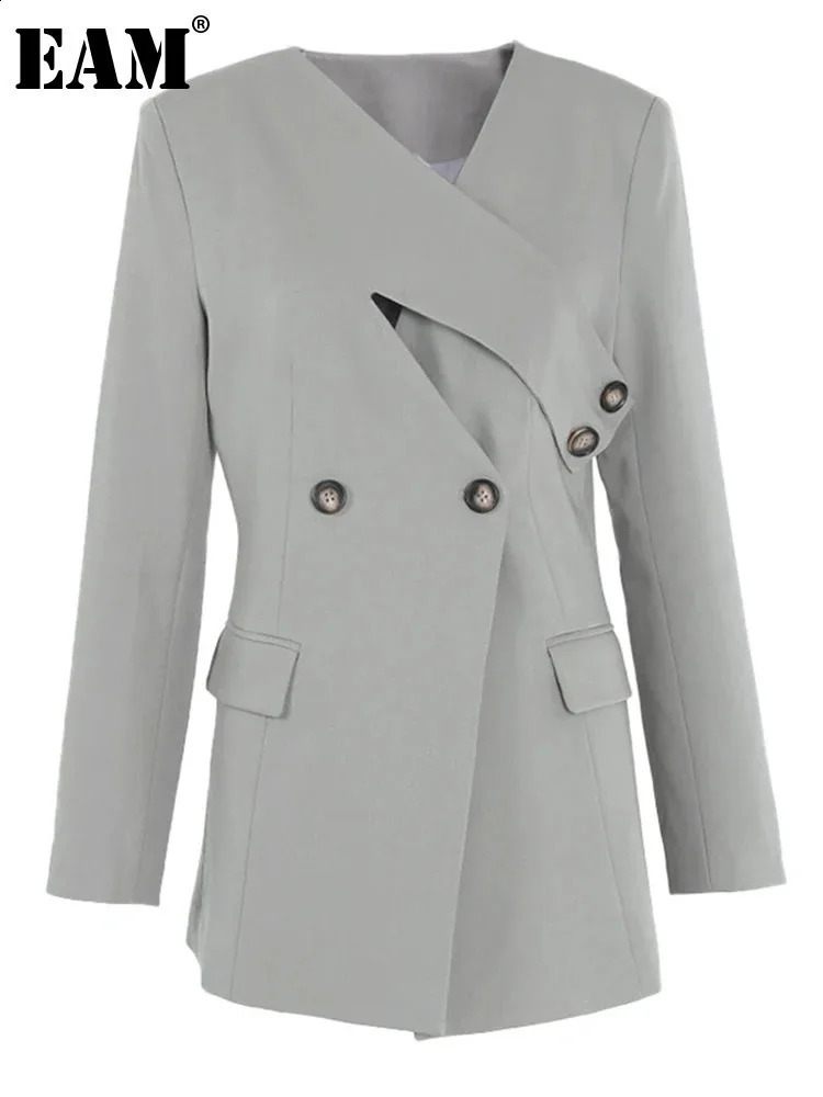 Womens Grey Button Cross Hollow Elegant Jacket V-neck Long Sleeve Jacket Fashion Trend Spring and Autumn CPDB002 240926