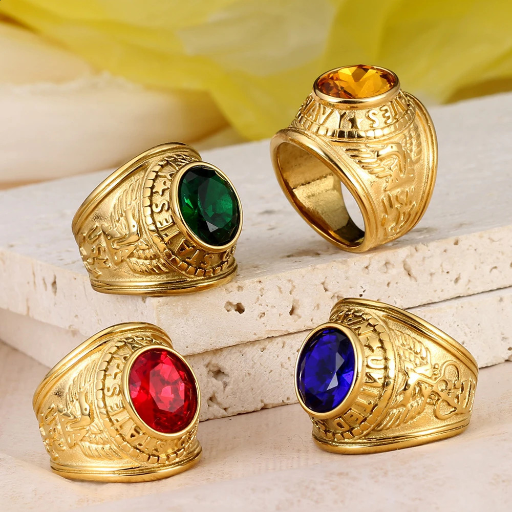 Mens high-quality gemstone ring punk hip-hop double headed eagle logo stainless steel ring charm fashion jewelry wholesale 240924