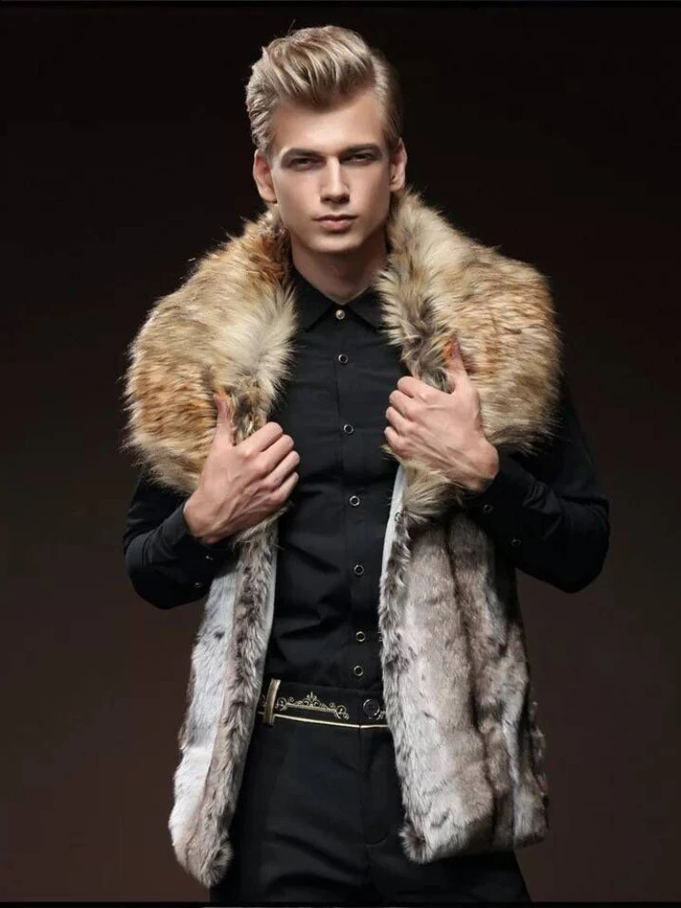 Mens artificial fur vest ultra-thin fit with a large fur collar and short waist mens jacket brown leather jacket winter warm jacket 240926