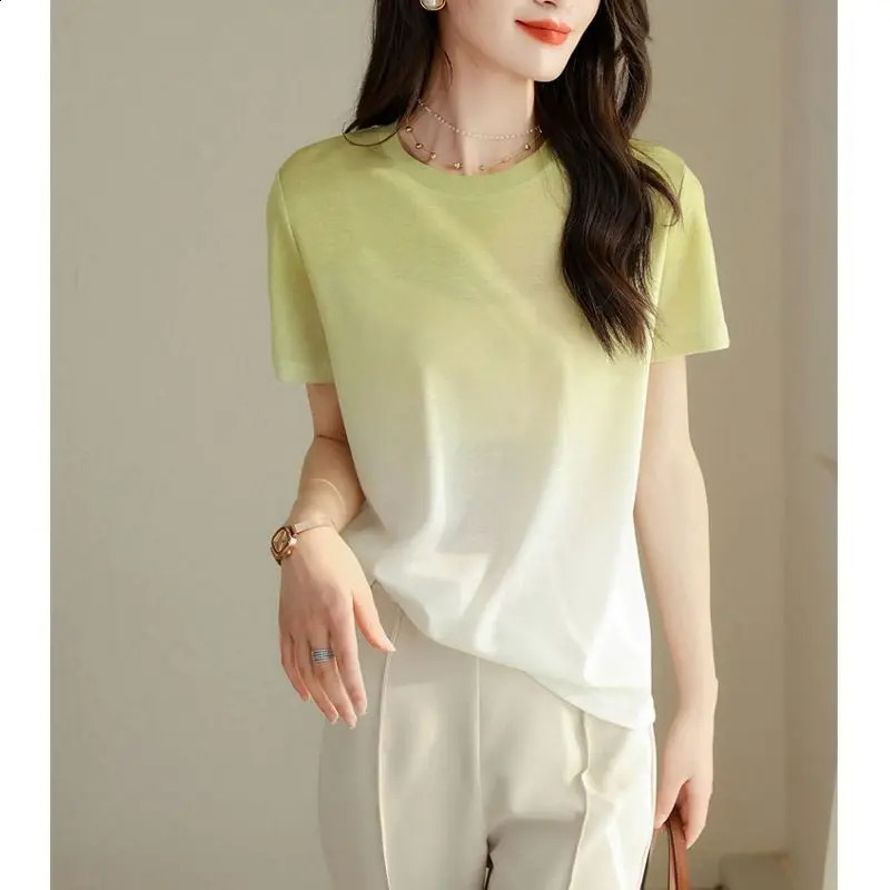 Spring and summer gradient color fashion short sleeved zipper round neck tee casual version loose womens T-shirt knitted top 240926