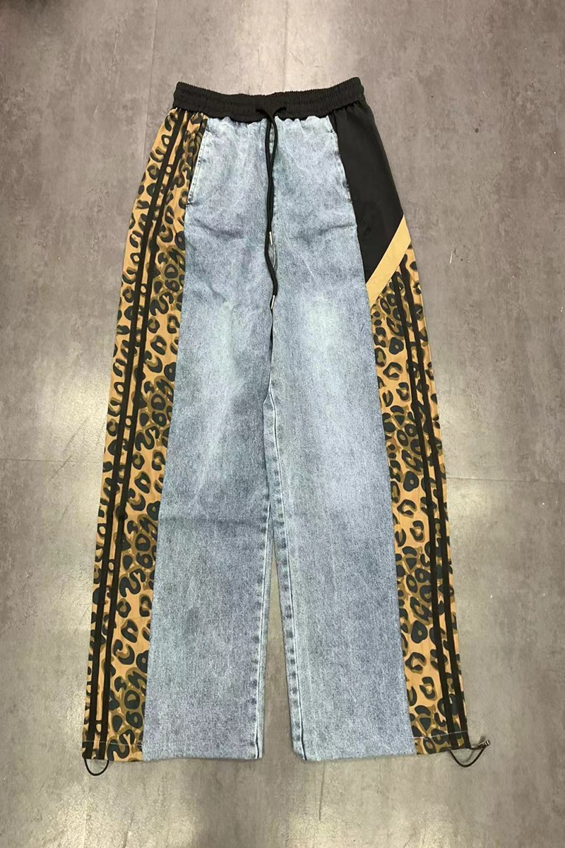 Women's American Vintage Leopard Print Splicing Washed Jeans Street Casual Neutral DenimTrousers High Waist Straight Drawstring Pants Autumn 8c