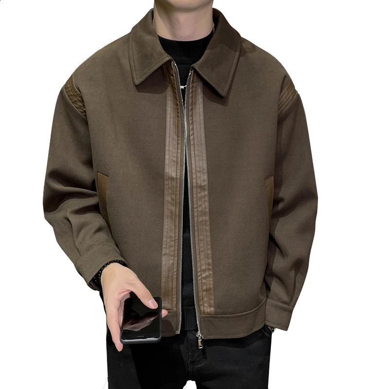 Mens autumn and winter wool splicing leather jacket mens fashion streetwear retro loose casual cargo jacket outerwear outerwear 240926