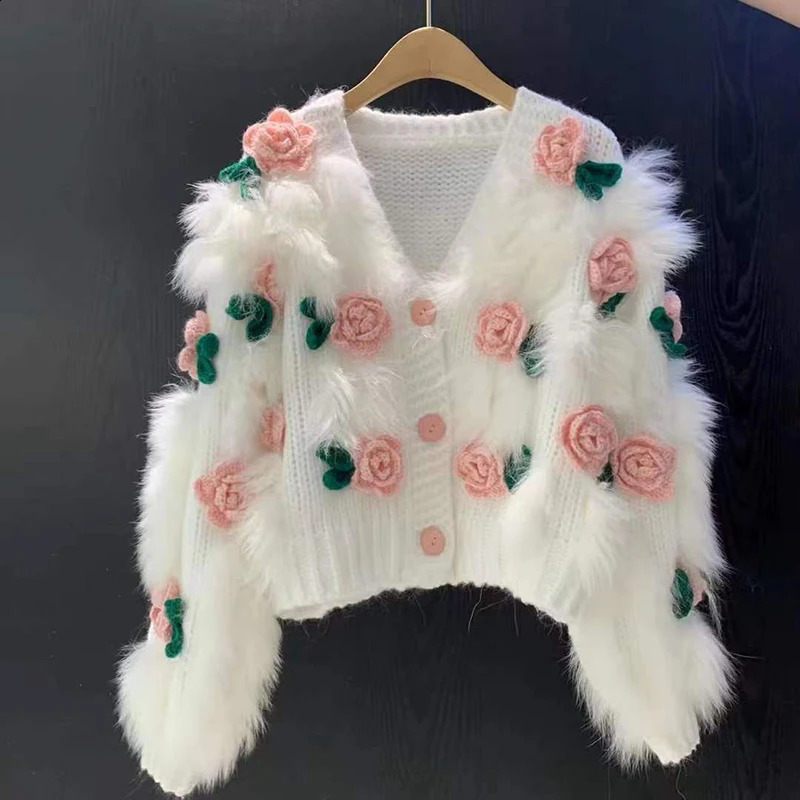 Harajuku recadrée tricoté Cardigan femmes Y2K 3D fleur pull manteau vêtements de rue Ultra fine tricoté veste hiver pull manteau 240926