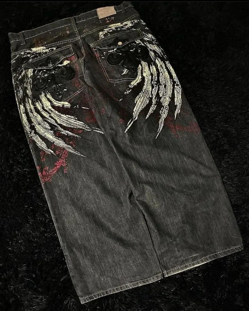 Streetwear Retro 90s 2000s Jeans Big Wing Embroidered Black Bagged Jeans Womens Y2K Harajuku Hip Hop Gothic Wide Trousers 240927