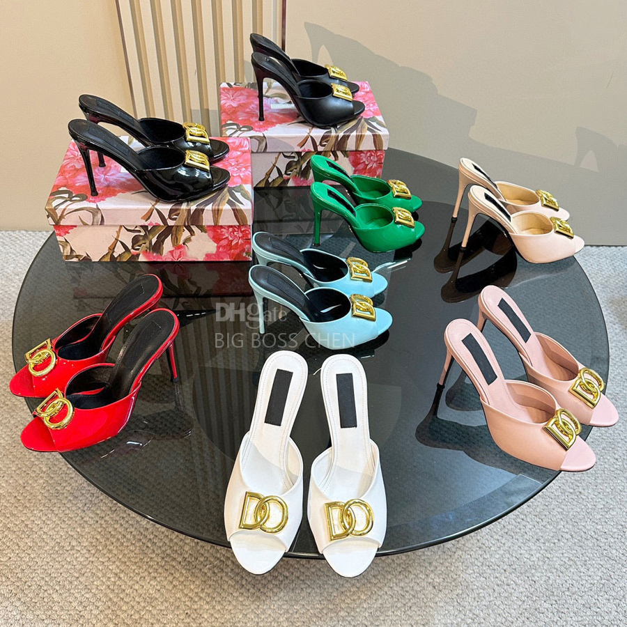 Summer interlocking Stiletto High Heels mules Slippers Round Toes Slip On top quality sandals Cut-Outs letter buckle dermis women's Luxury Desi