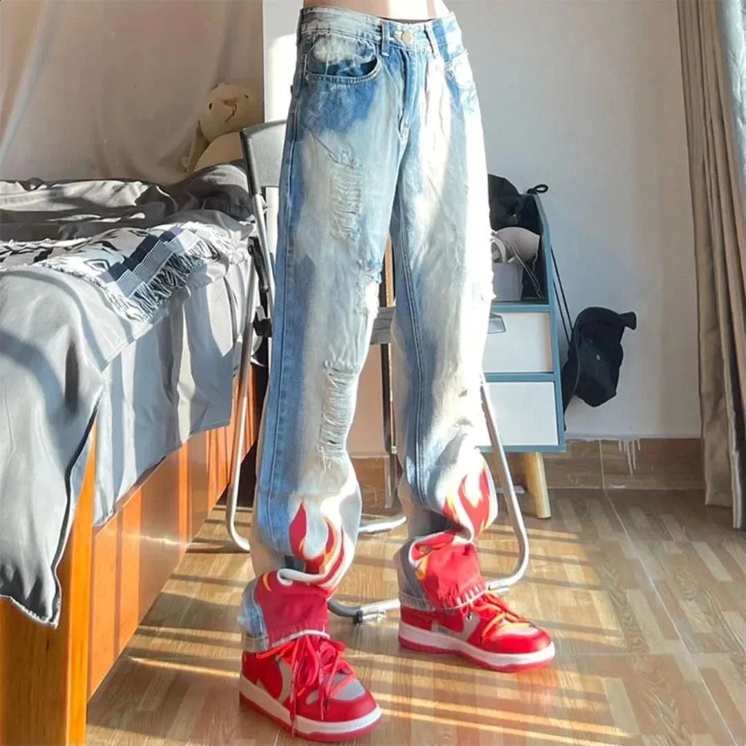 Trousers Hip Hop Mens Jeans Straight Tear Mens Jeans with Tear Holes Shattered Aesthetics Korean Fashion Cotton Original Xs 240927
