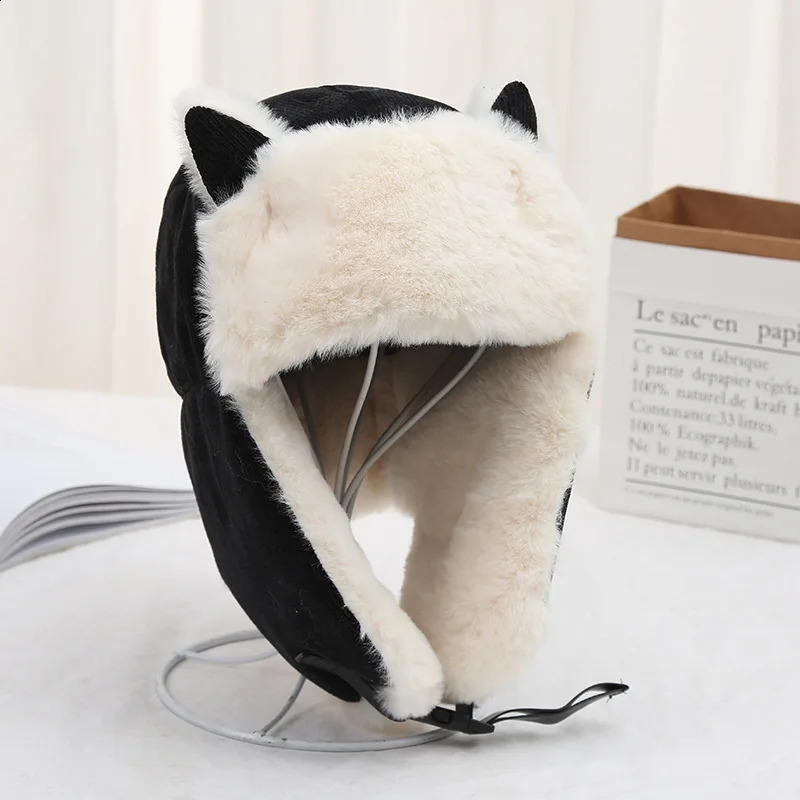 Fashionable winter mens and womens cat ear Lei Feng hat plush thick warm hat windproof outdoor cycling protection hat 240926