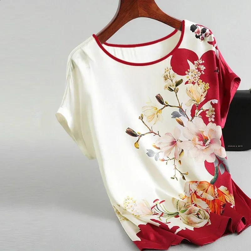 Plus Size Women Silk Satin Blouses Spring Summer Floral Printing Blouse Female Fashion Shirt Tops 240926