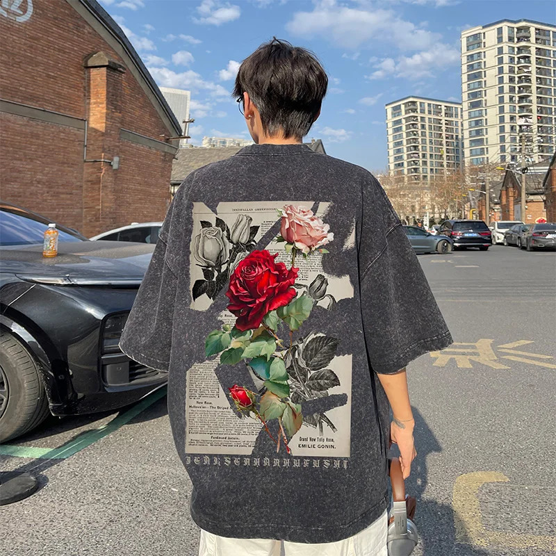Washed Rose Print T-shirt Retro fashion one-fifth sleeve loose casual short sleeved mens and womens tops 240927