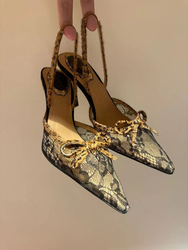 Chaussures habillées, talons hauts, talons exposés, chaussures pointues, talons de bloc en cuir, dentelle, toile en cuir en cuir en cuir 35-40
