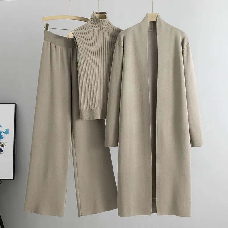 Spring and autumn 3-piece womens cardigan wool sweater track set fashion knitted pants set womens sweater set retro fashion womens 3-piece set 24092